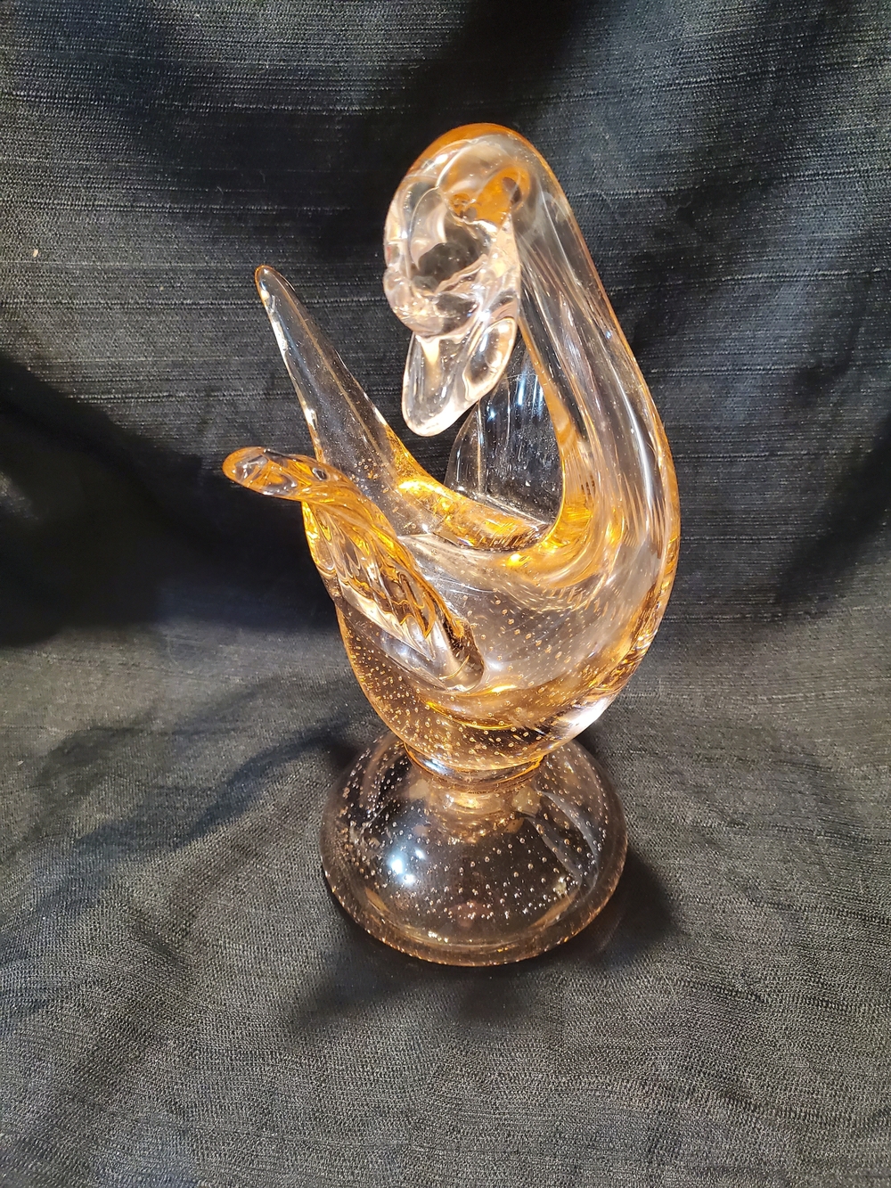 Vintage Mid-Century Heavy 6lb Amber Bullicante Art Glass Swan Centerpiece, 11.5”
